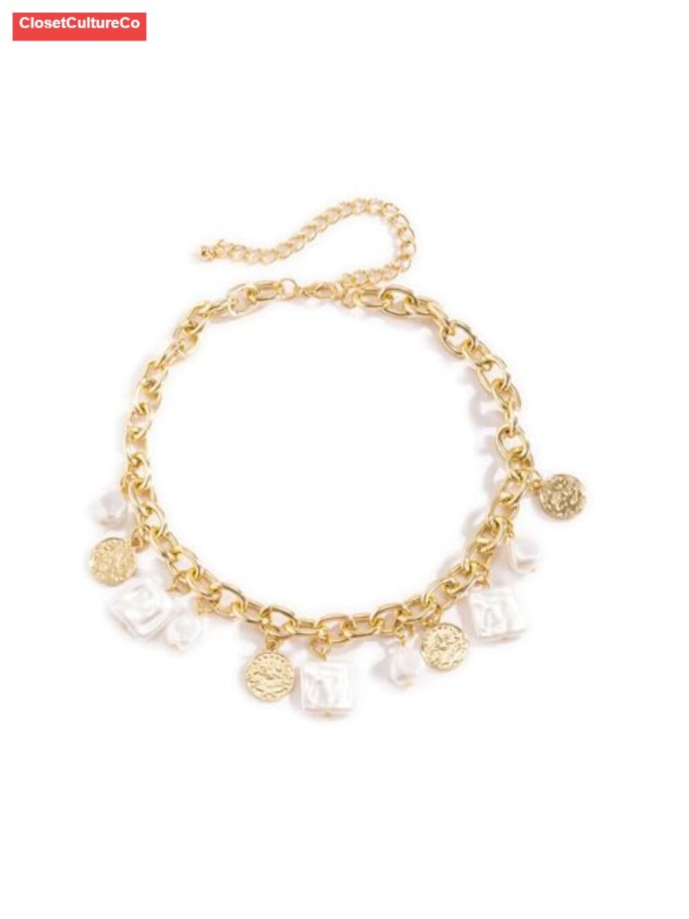 Chunky Gold Charm Necklace White Pearl Choker Square Pendant Boho Beach Jewelry